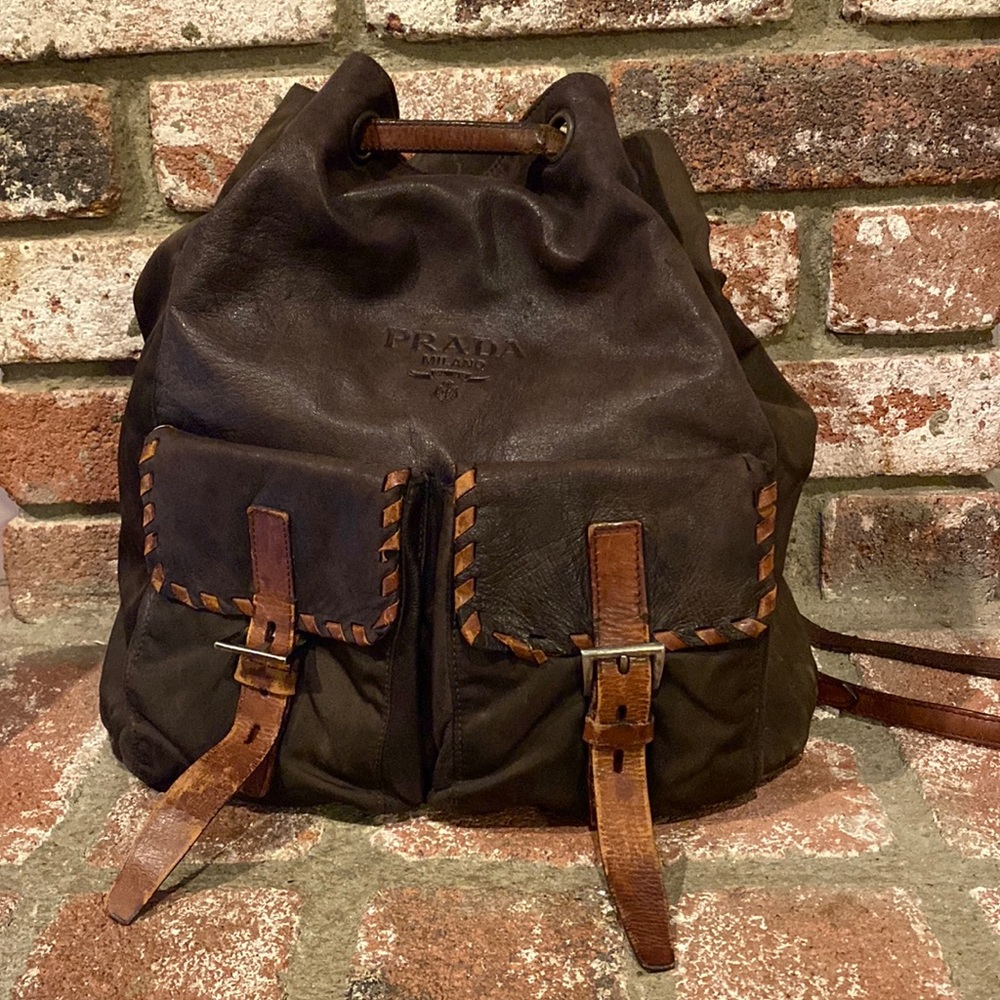 PRADA Olive Green Nylon Leather Embossed Backpack w/COA